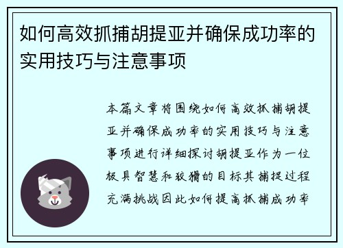 如何高效抓捕胡提亚并确保成功率的实用技巧与注意事项